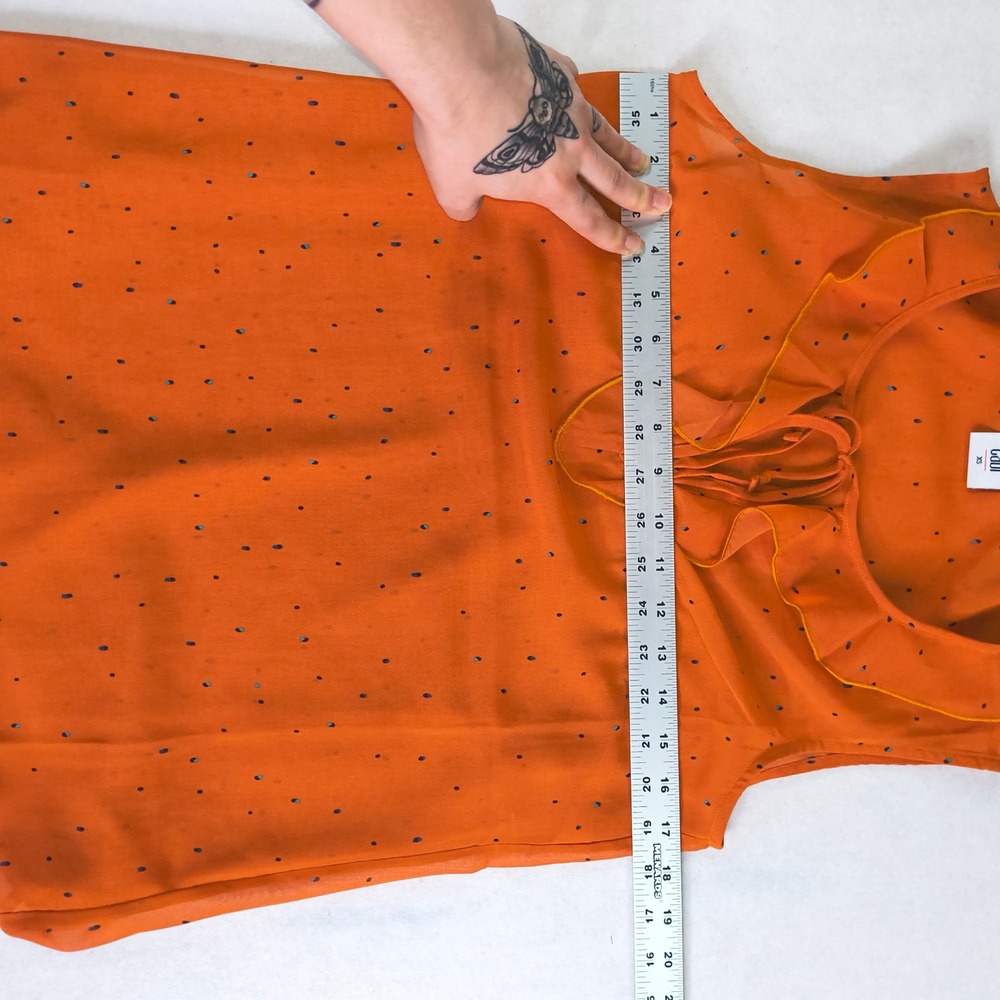Cabi Orange Ruffle Neck Sleeveless Blouse Womens XS‎ Polka Dot Tie Neck Top - Picture 7 of 9